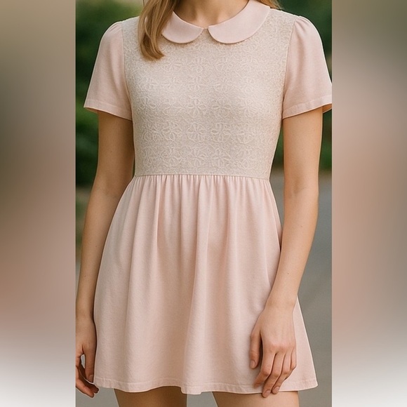 VTG FOREVER 21 BABYDOLL STYLE LIGHT PINK LACE FLORAL OVERLAY Y2K MINI DRESS SZ L - Picture 11 of 12